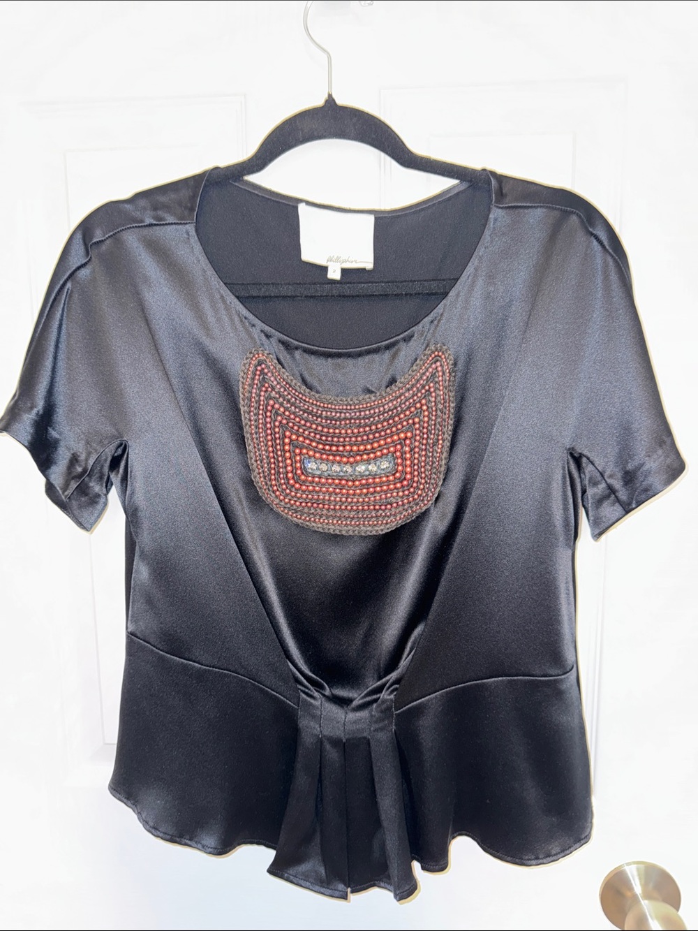 3.1 Phillip Lim Anthropologie Black Satin Short-Sleeve Top with Beaded Front
